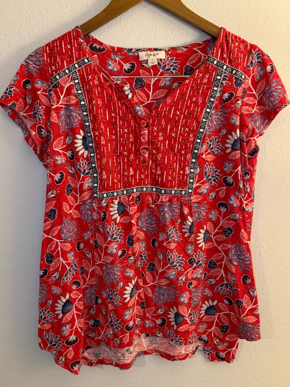 Style & Co. Red Floral Short-Sleeve Peasant Top